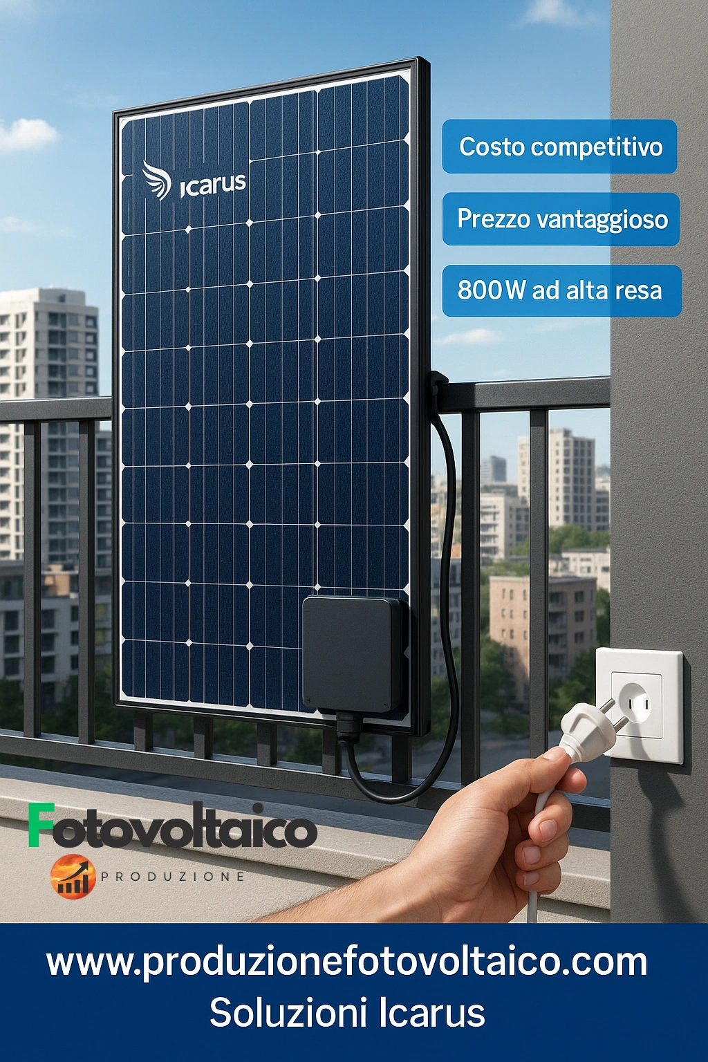 icarus fotovoltaico plug-and-play da balcone 800W installato su ringhiera in contesto urbano con collegamento diretto alla presa domestica.