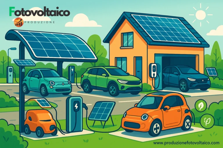 Impianto fotovoltaico residenziale con auto elettriche in ricarica, stazione solare pubblica e wallbox domestica in quartiere moderno