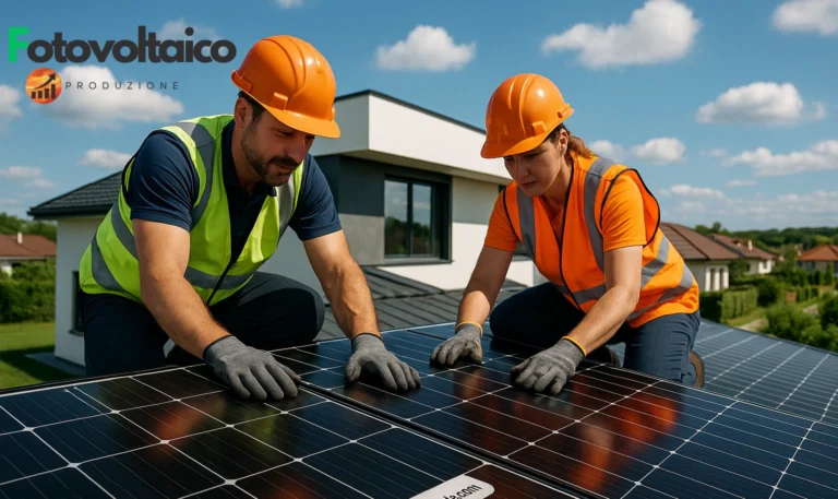 Installatori pannelli fotovoltaici SunPower al lavoro su tetto di una villa moderna con pannelli solari monocristallini neri, in contesto residenziale.