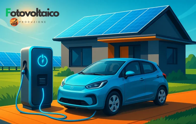 Macchina elettrica cinese parcheggiata vicino a una casa moderna con pannelli solari, collegata a un sistema di accumulo energia auto elettrica, in stile Yoyo o BYD.