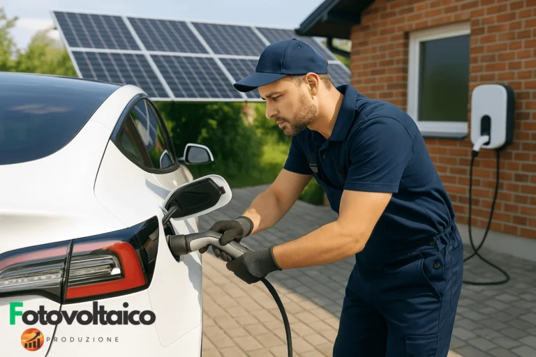 Tecnico effettua manutenzione e ricarica di un'auto elettrica con impianto solare domestico.