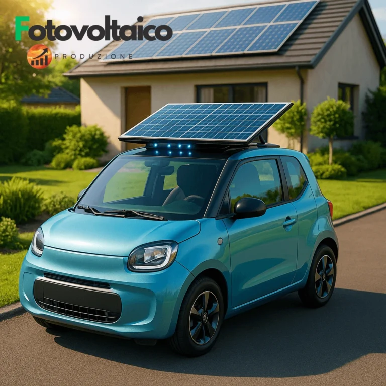 Mini 5 porte elettrica parcheggiata con sfondo urbano moderno e kit fotovoltaico auto sul tetto