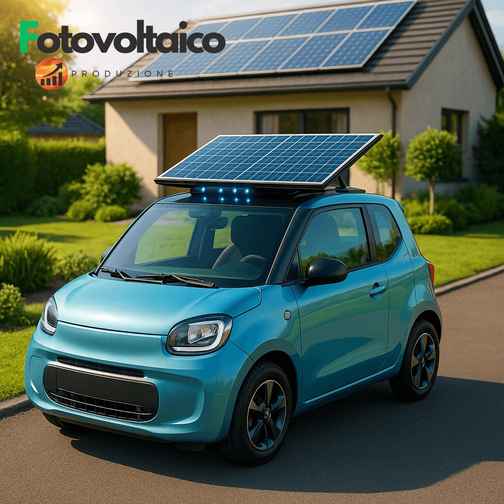 Mini 5 porte elettrica parcheggiata con sfondo urbano moderno e kit fotovoltaico auto sul tetto