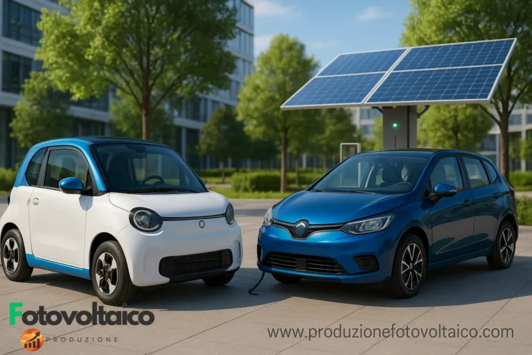 Mini auto elettriche economiche in ricarica con tecnologia solare; minicar elettrica 2 posti e minicar elettrica 4 posti presso stazione con ricarica rapida fotovoltaico.