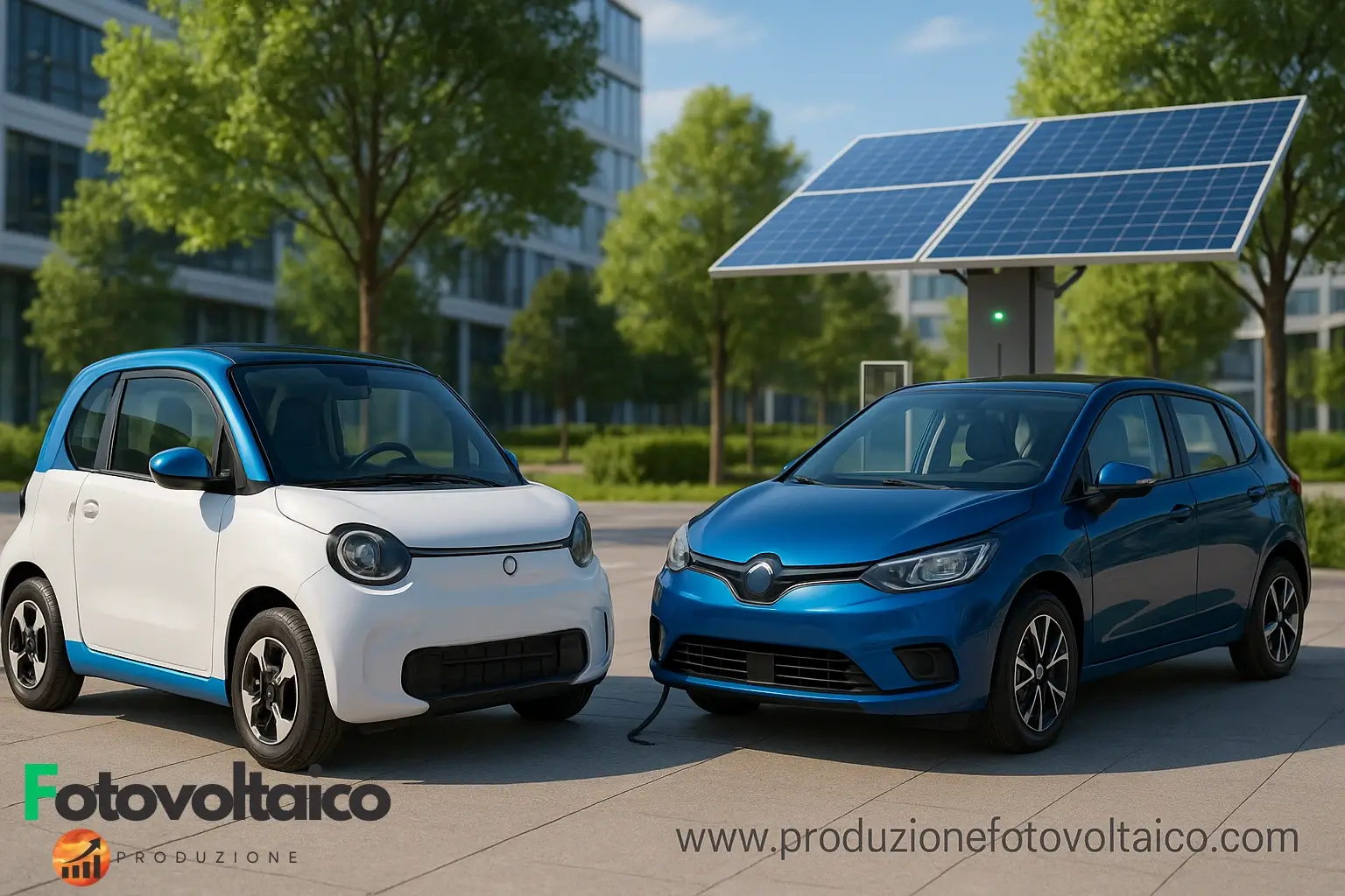 Mini auto elettriche economiche in ricarica con tecnologia solare; minicar elettrica 2 posti e minicar elettrica 4 posti presso stazione con ricarica rapida fotovoltaico.