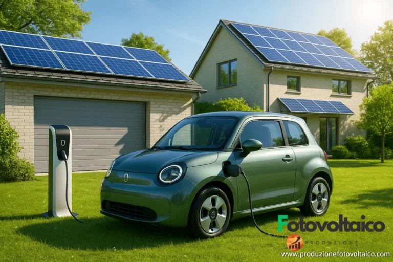 Mini auto elettriche economiche ricaricate da pannelli solari in un giardino moderno con casa sostenibile sullo sfondo