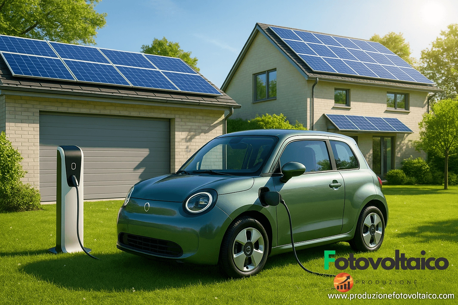 Mini auto elettriche economiche ricaricate da pannelli solari in un giardino moderno con casa sostenibile sullo sfondo