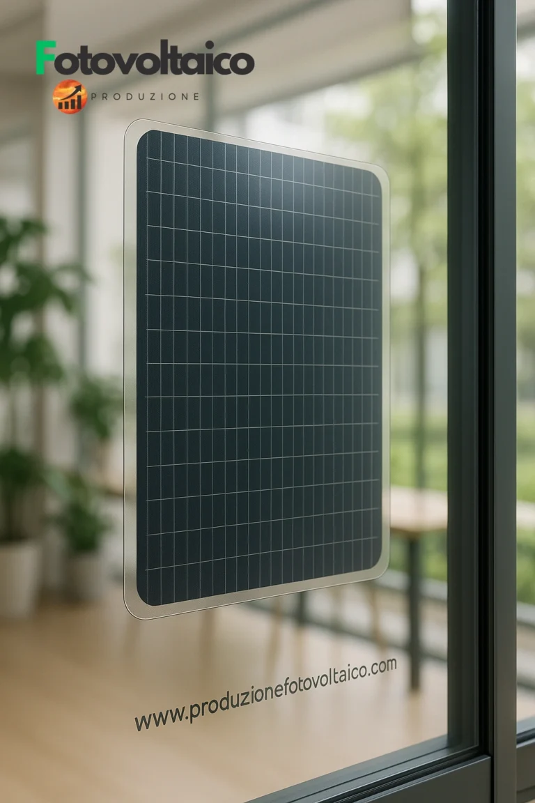 Pannello solare adesivo applicato su finestra in vetro, ispirato ai pannelli solari adesivi per camper e pannelli fotovoltaici adesivi Heliatek.