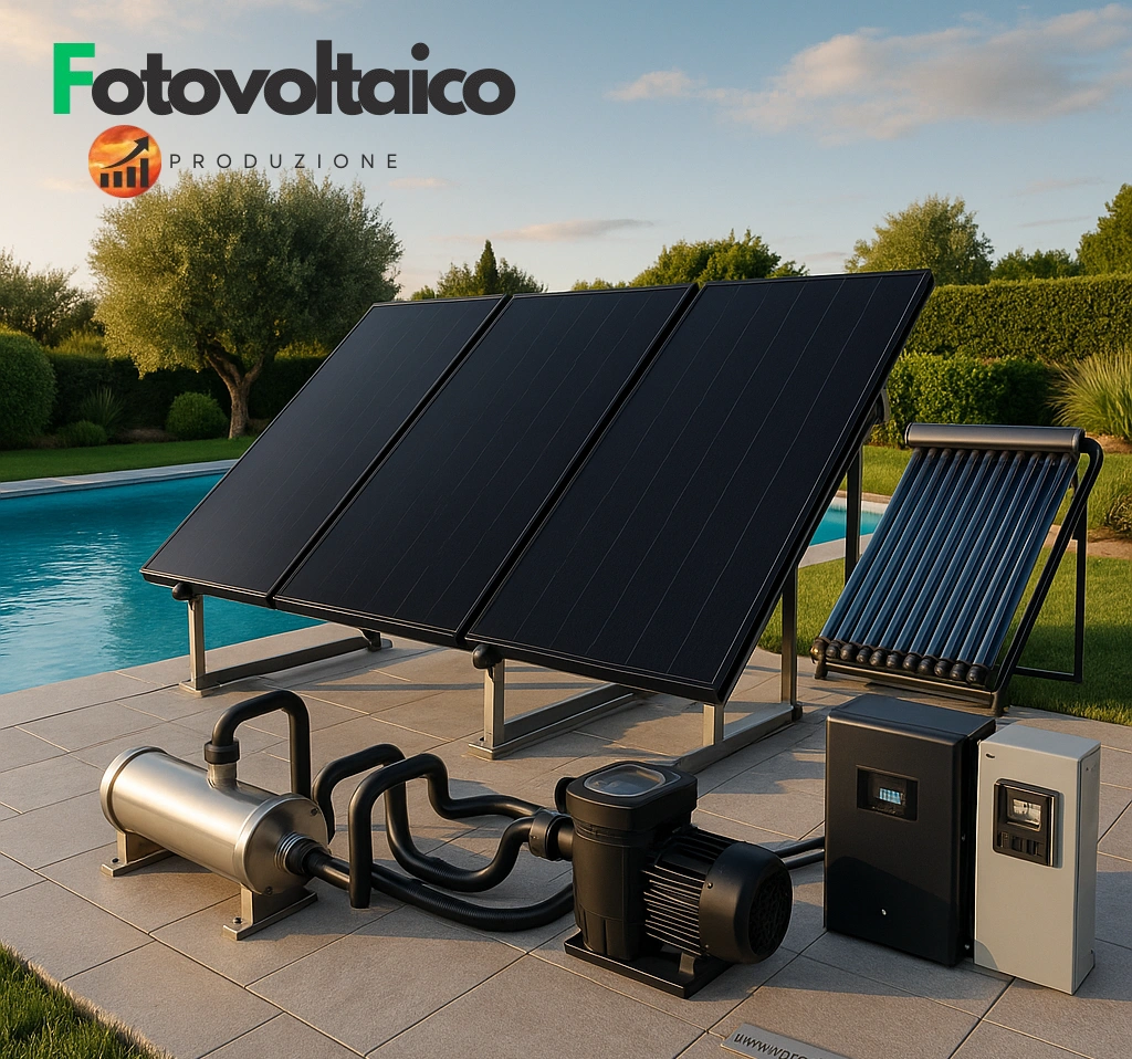 Sistema integrato con pannello solare per piscina in giardino mediterraneo, con riscaldatore solare, pompa e collettore termico alimentati da fotovoltaico.