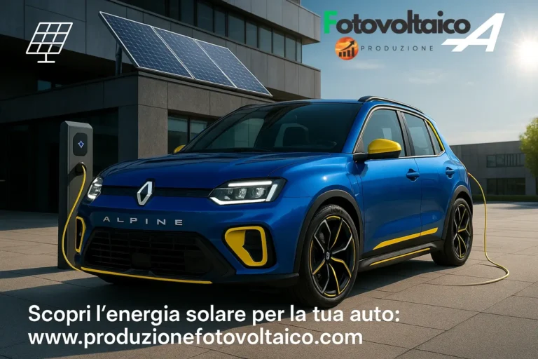 Renault 5 Alpine elettrica in ricarica tramite colonnina solare, con edificio moderno e pannelli fotovoltaici sullo sfondo. Design sportivo e tecnologia green.