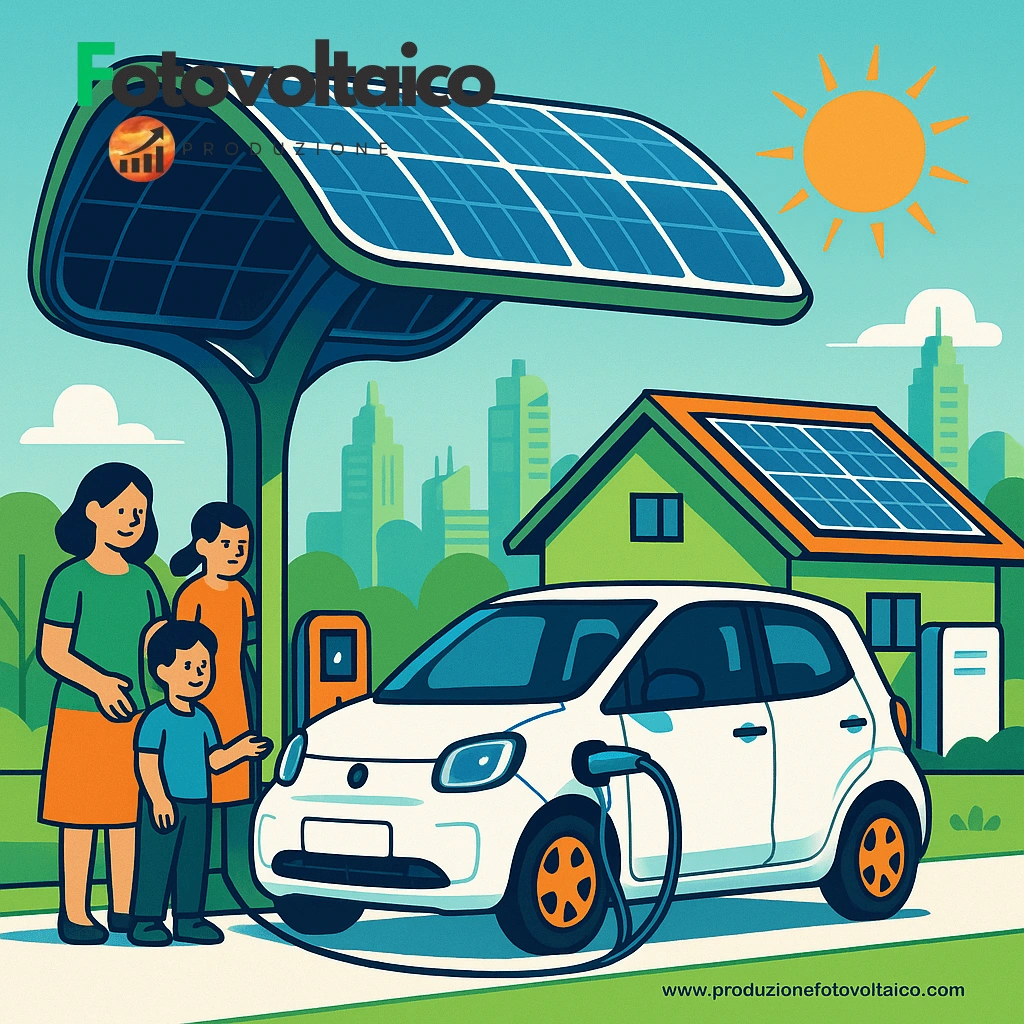 Stazione ricarica solare per auto elettriche in città moderna con pannelli fotovoltaici curvi e famiglia che carica city car bianca.
