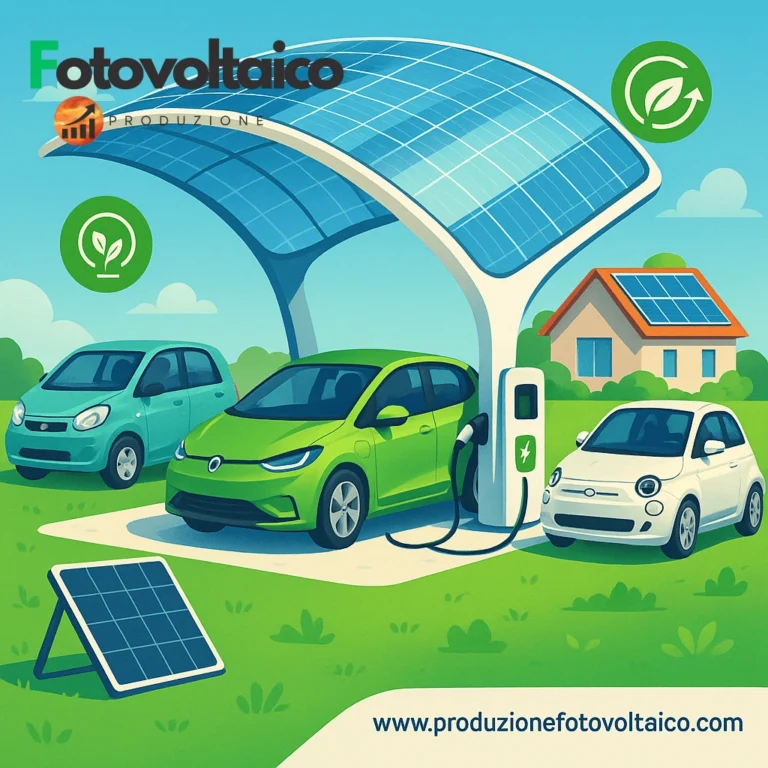Futuristica stazione di ricarica solare per auto elettriche con pannelli fotovoltaici curvi, auto compatta in carica, auto cinese economica, 500 elettrica usata e casa con impianto fotovoltaico.