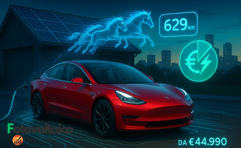 tesla model 3 dual motor prezzo illustrato con cavalli, autonomia Long Range e risparmio ricarica fotovoltaica. Auto elettrica rossa in carica solare davanti a casa moderna.