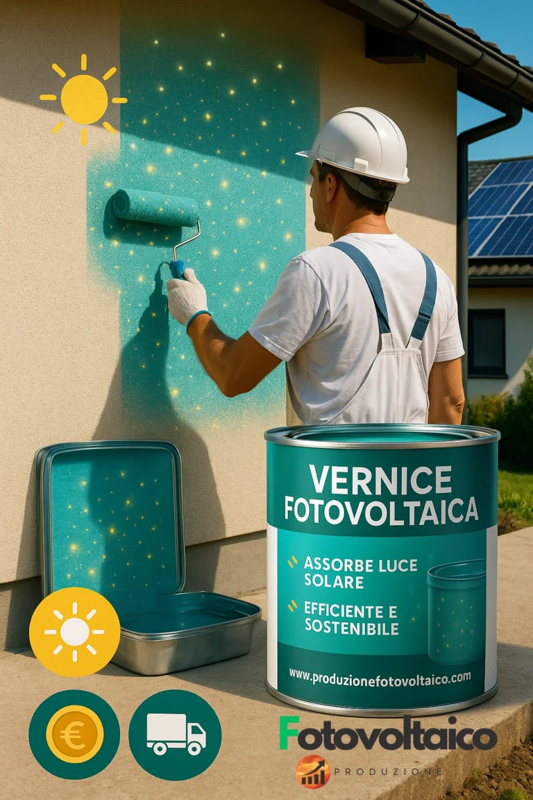 Pittore applica vernice fotovoltaica su muro: particelle solari attive, barattolo tecnico, confronto pannelli tradizionali. www.produzionefotovoltaico.com
