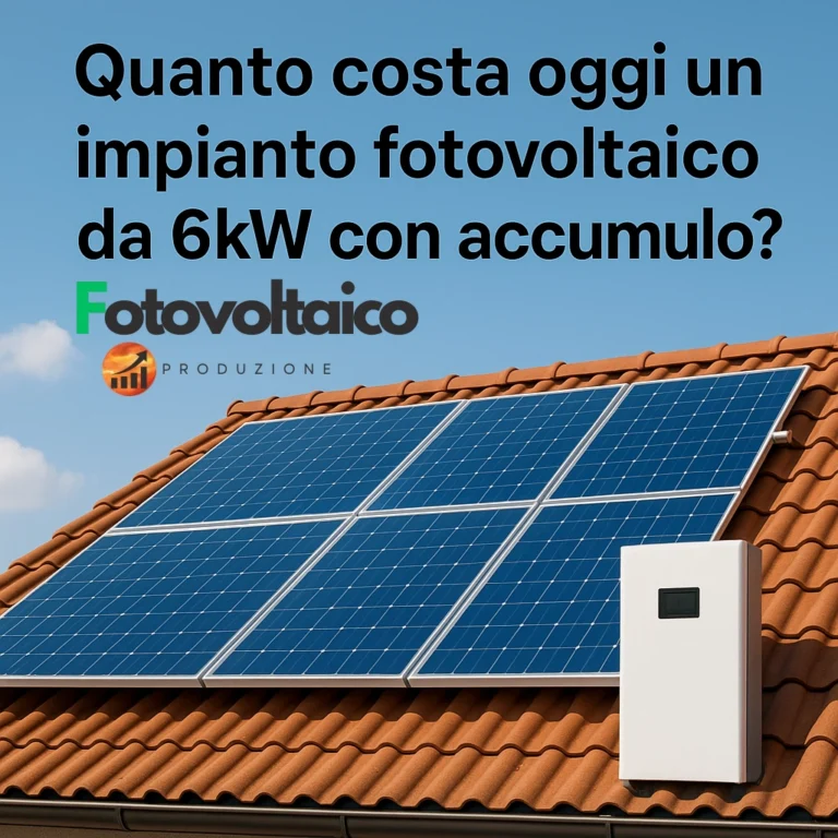 Impianto fotovoltaico da 6kW con accumulo installato su tetto con tegole rosse sotto cielo sereno