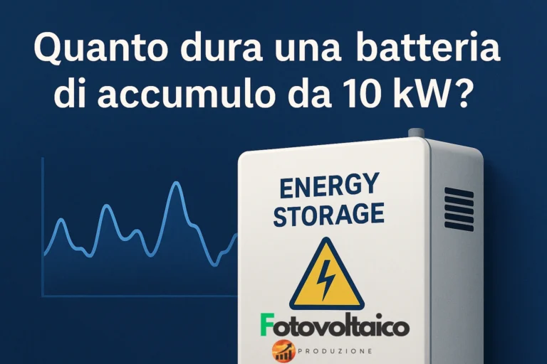 Grafico informativo sull'autonomia di una batteria di accumulo da 10 kW con unità di stoccaggio energetico e curva di consumo energetico