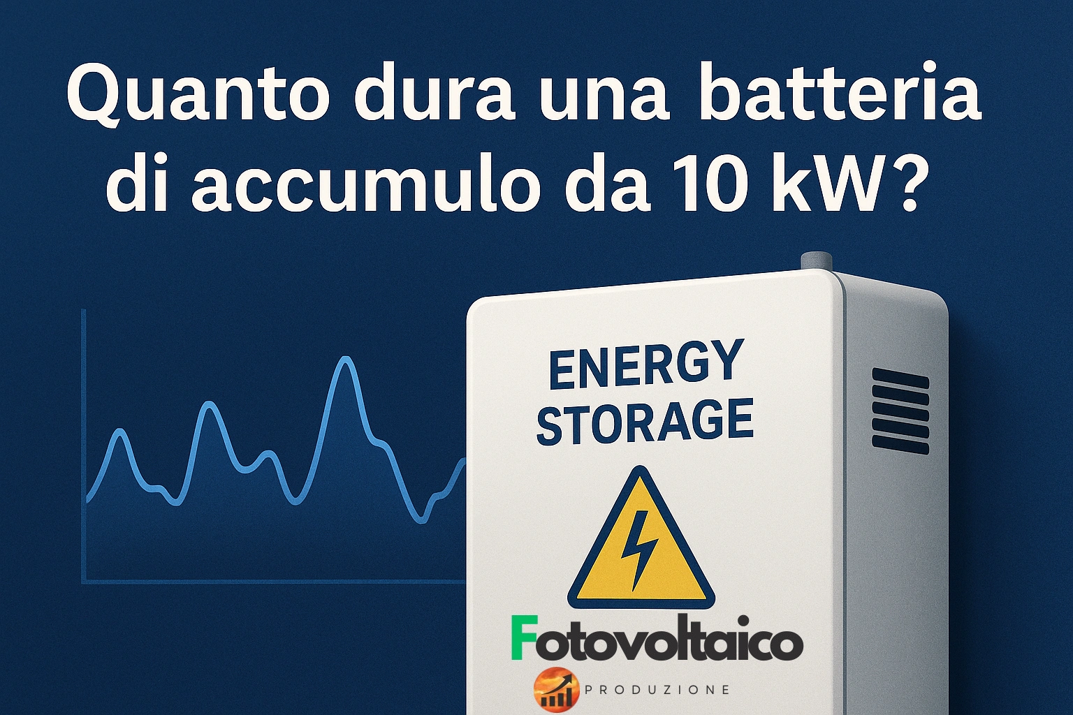 Grafico informativo sull'autonomia di una batteria di accumulo da 10 kW con unità di stoccaggio energetico e curva di consumo energetico