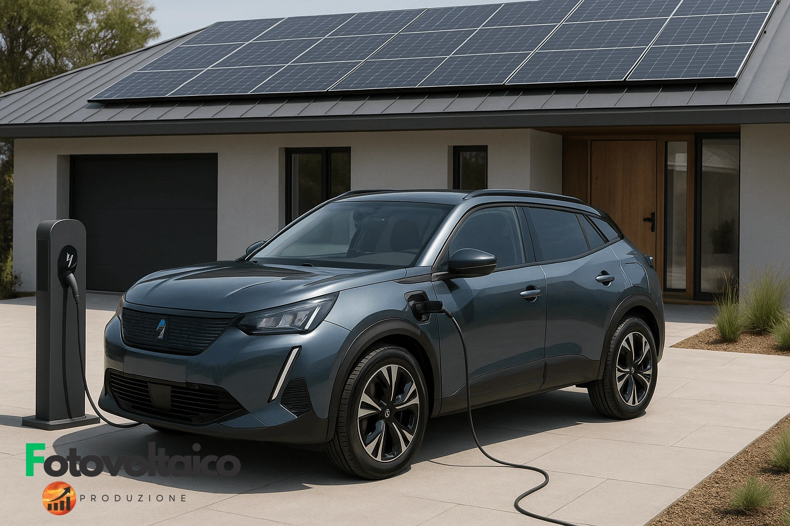 Auto elettrica modello SUV compatto di colore blu, stile moderno ed ecologico, in contesto urbano