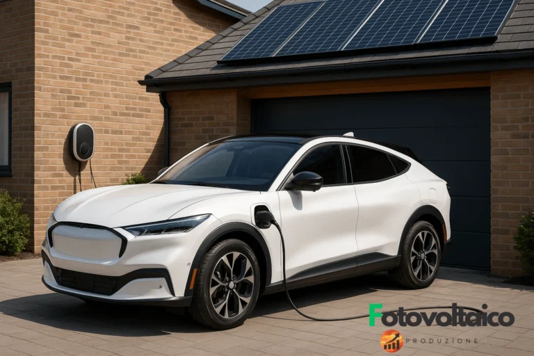 SUV elettrico bianco in carica con energia solare davanti a casa con pannelli fotovoltaici sul tetto