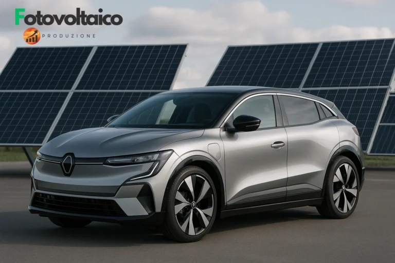 Auto elettrica in ricarica con pannelli fotovoltaici in un ambiente naturale sostenibile