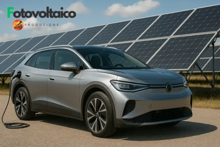 Auto elettrica parcheggiata accanto a pannelli solari, simbolo di mobilità sostenibile