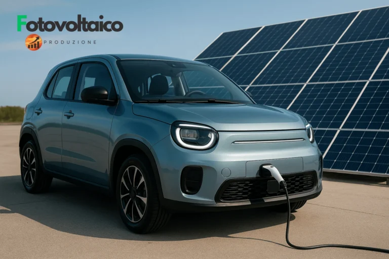 Auto elettrica nuova con incentivi statali parcheggiata sotto pannelli solari