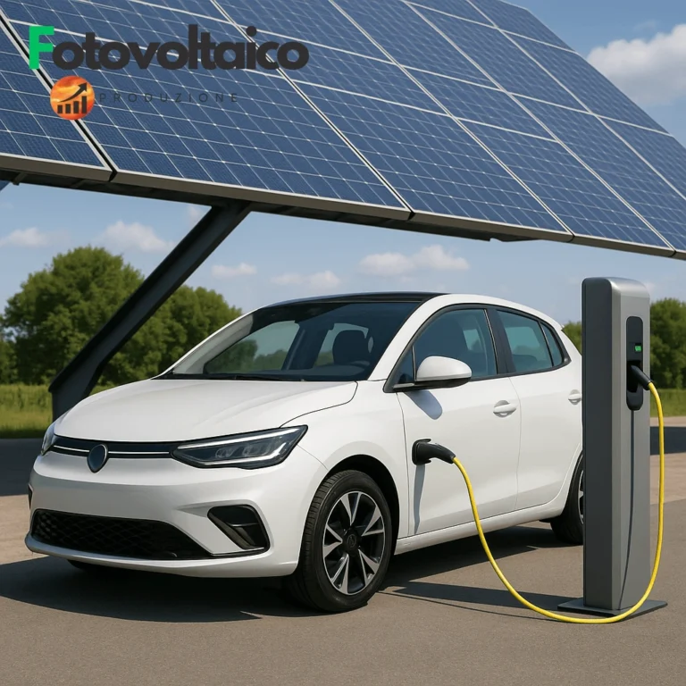 Auto elettrica moderna parcheggiata accanto a una colonnina di ricarica, simbolo di autonomia, prezzo accessibile e tecnologia avanzata.