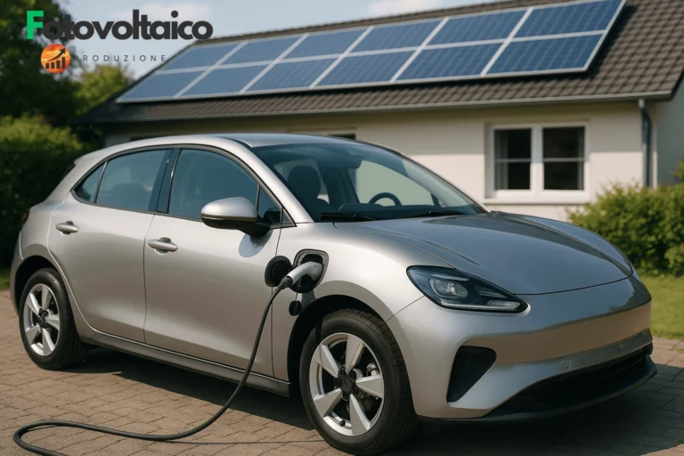 Auto elettrica moderna con sfondo urbano, simboli di risparmio e incentivi statali evidenziati