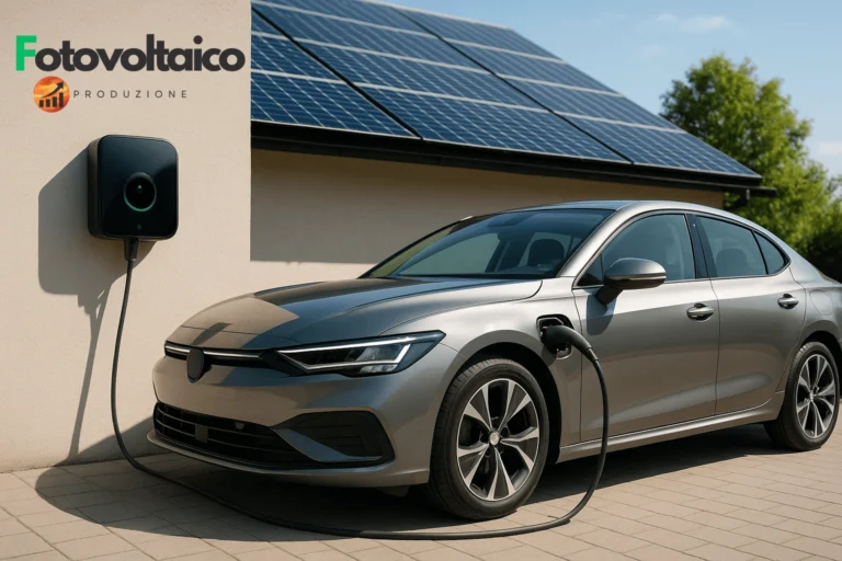 Auto elettrica collegata a una wallbox italiana alimentata da energia solare, installata in una casa a Roma o Torino.