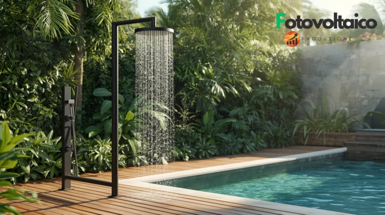 doccia solare da giardino installata vicino a una piscina