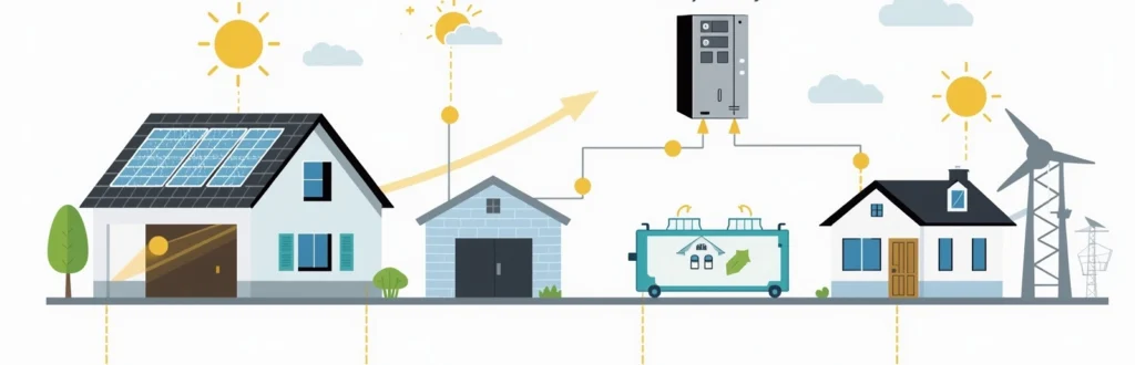 Diagramma tecnico che illustra il flusso di energia in una casa dotata di un sistema di accumulo per impianto fotovoltaico durante il giorno (sole) e la notte (luna).