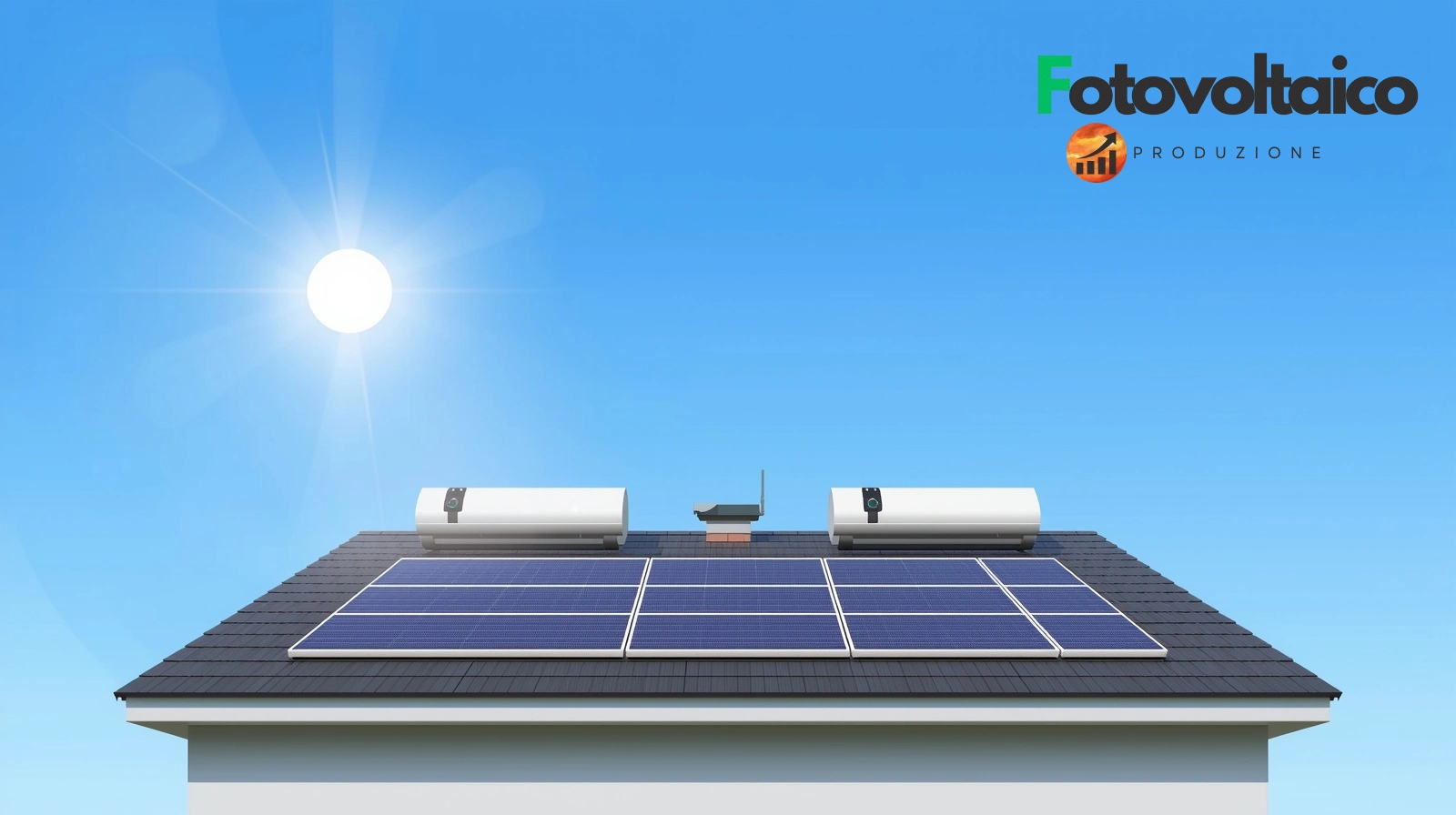 Un'unità esterna di una pompa di calore ad alta temperatura installata accanto a una casa moderna con pannelli fotovoltaici sul tetto.