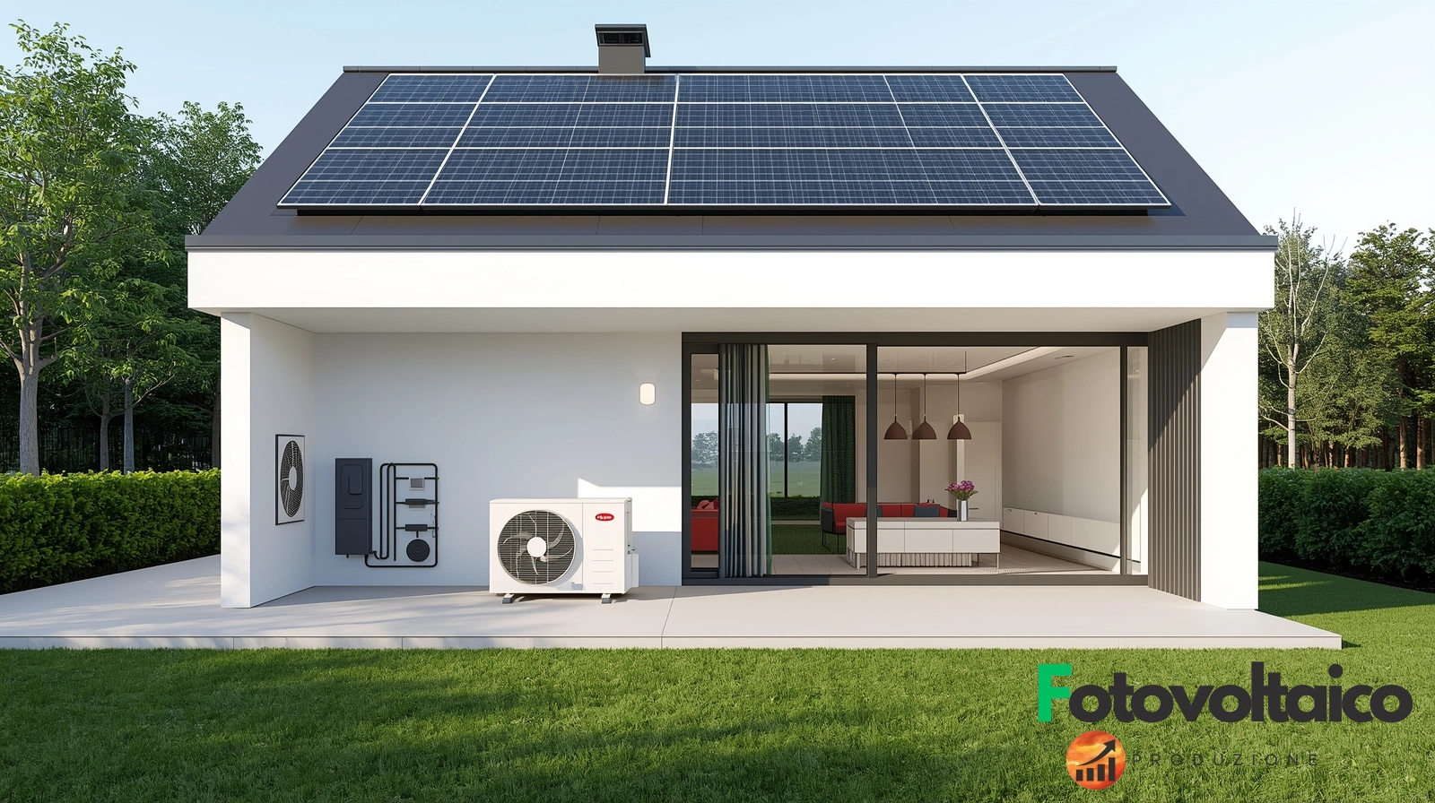 Schema tecnico che illustra il riscaldamento a pompa di calore come funziona all'interno di un'abitazione moderna collegata a pannelli fotovoltaici e riscaldamento a pavimento.